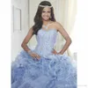 Blue Ball Light Quinceanera Dresses Organza Tiersed kjolar pärlstav bodice söt formell prom pageant party klänning