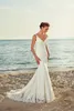 2020 Eddy K Beach sjöjungfru bröllopsklänningar v Neck Vit Satin Bröllop Bröllopklänningar Abiti da Sposa Lace Appliqued Backless Wedding Dress Plus