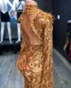 Arabisch Aso Ebi Gold Abend Festzug Kleider 2021 Real Image Luxus Feder Langarm High Neck Meerjungfrau Prom Empfang Kleid 7283970