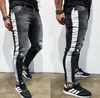 Venda quente! Novo Mens Jean Calças Rua Preto Buracos Designer White Stripes Jeans Hiphop skate Calças Lápis