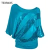 Texiwas kvinnor plus storlek glitter blus av axel batwing skjortor sequined toppar kvinnlig tunika skjorta lös streetwear y19050501