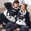 Men's Sleepwear Unisex Adult Couple Pajamas Men Winter Velvet 2 Pieces Warm Flannel Pajama Set Animal Cartoon Cute Hooded Home Clothes