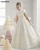 Flower Girls Dresses Satin Beautiful Lace High Collar Sash Ruffles Short Sleeve Floor Length Wedding Birthday Dress