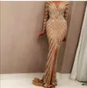 Yousef Aljasmi Mermaid Evening Dresses 럭셔리 긴 슬리브 샴페인 스팽글 섹시한 보석 목 앞 분할 댄스 파티 가운 사용자 정의 제작