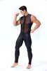 Ny design Män Faux Läder Jumpsuit Sexig Mesh Stretch Catsuit Ärmlös Se genom Bodysuit Male Zipper Open Crotch Clubwear