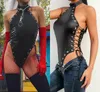 Seksi Kadınlar PU Deri Bodycon Pijama Bodysuit Tulum Romper Tops Tulum Bandaj Lace Up Bodysuits Parti Clubwear1