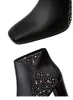 Trendy Toes Preto Patchwork strass Praça saltos robustos Ankle Boots Tamanho 34 a 40