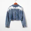 Kvinnor mode smal kort denim jacka med kedjor blommig broderi kvinnlig lös jean coat damer casual ytterwear kvinna toppar y190827