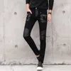 メンズパンツフェイクレザーパンツファッションジッパーメンズスキニージーンズスリムフィットパッチワークデニムカジュアル高品質ブラックバイカー