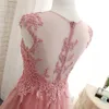 Lace Pearls Pink Party Prom Dresses Long 2019 Tulle Sheer Neckline Hollow Back Ruched Cap Sleeve Dresses Evening Wear Formal Gowns Women