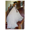 Sexy African A Line Wedding Dresses Scoop Neck Illusion Full Lace Pearls Beaded Long Sleeves Chapel Train Ball Gown Formal Bridal Gowns