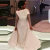Afrikaanse oversokken Trouwjurken Sheer Hals Illusion Lange Mouwen Plus Size Trouwjurk 3D Applicaties Satijn Bruidsjurken Robe de Soiree