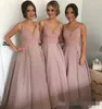 Dusty Pink Bridesmaid Dresses V Neck Spaghetti Straps Beaded Satin Floor Length Maid Of Honor Gown Custom Made Wedding Guest 401