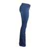 Dark Blue Jeans Women High Waist Jeans Boyfriends Button Tassel Pants Zipper Denim Trousers Hole Pocket Bell-bottom Pants E16