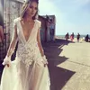 2019 Vintage Gelinlik Dalma V Boyun Uzun Kollu Gelin Törenlerinde Kat Uzunluk Kristal İnciler vestidos de Gelinlik robe de mariée