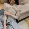 Spring new women's lacing bow collar organza lace floral embroidery perspective long sleeve blouse shirt and inside vest 2 pieces tops