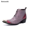 Batzuzhi Rock Fashion Men Boots Pointed Iron Toe 6.5cm High Heels Leather Dress Boots Ankle Lace-up Party Botas,Big Size US6-12!