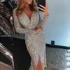 Sexig V-Neck High Slit Party Dress Kvinnor Glitter Sequined Bodycon Dress Höst Långärmad Midi Tunika Vestidos # N29