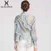 Women's Lace Striped Stand Collar Lantern Sleeve Shirt Ruffled Irregular Splicing Long Sleeve Perspective Hollow Out Shirt T5190615