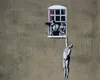 Banksy Graffiti Street Art Canvas Giclee Encadré HD Print Nude Man Hanging From Window Peinture à l'huile sur toile - Prêt à accrocher - Encadré