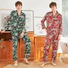 2019 Men Pajamas Sets With Pants Flower Print Nightwear Pyjama Satin Sleepwear Silk Loose Two Piece Long Sleeve Pijama
