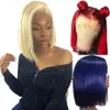 613 Sarışın 13x6 Dantel Ön Peruk Mavi Renkli Remy Kırmızı İnsan Saç Tam Uçlar Şeffaf Frontal Kapatma İsviçre Dantel Kısa Bob Wigs2626992