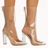 Бесплатная доставка 2019 женщин ПВХ полусапожки сапоги ясно модные носки сапоги коренастый высокий каблук длинный сексуальный грабеж острым носом партия 34-43 3 цвет