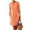 Plus Size Casual Solid Color Cotton Linen Women Long Sleeve Tunic Kaftan Dress length vestidos summer dresses causal clothing