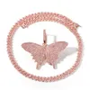 14K Iced Out Pink Butterfly Hänge Halsband Bling Bling Micro Pave Cubic Zirkon Hängande Julfest Smycken