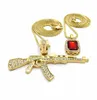 CIONDOLO DA UOMO GHIACCIATO AK-47 FUCILE PISTOLA ROSSO RUBINO W 24 "30" COLLANA A CATENA 2 PZ Set di gioielli Rapper Accessori