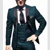 Navy Blue Groom Tuxedos Black Peak Lapel Groomsman Wedding Tuxedos Fashion Men Prom Jacket Blazer 3 Piece Suit(Jacket+Pants+Tie+Vest) 82