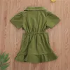 2020 Summer Toddler Baby Girls Dresses Solid Short Sleeve Lapel midja Hollovera ut klänning Fashion Ruffle Outfits Kid Clothing