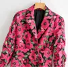 Sonbahar Blazer Mujer Vintage Pembe Çiçek Baskı Uzun Blazer Boho Sashes Uzun Kollu Koreli Kadın Blazers ve Ceketler