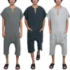 Heflashornew vintage overaller män jumpsuits rompers vanlig v hals arabiska kaftan arbetsfickor byxor muslimsk islamisk maskulina