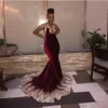 Velvet Mermaid Prom Dresses halter 2020 Sexy criss cross Backless V Neck Lace Appliqued Evening Gowns Formal Dress Plus Size abendkleider