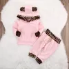 Bebek Kız Pembe Giyim Seti Leopar Baskı Hoodie Kıyafetler Yürüyor Uzun Kollu Tops + Pantolon 2 Adet Set Giyim Çocuk Tasarımcı Giyim M373