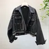 2018 Automne Femmes Harajuku Rouge Denim Veste Manteau Lourde Main Perlé Rivet Court Noir Jeans Vestes Étudiants Manteaux De Base Tenue