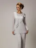 Zarif artı beden Gümüş Anne Pantolonu Gelinin Annesi için Damat Boncuklu Şifon Düğün Partisi Akşam Elbise Balo Elbise