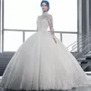 2019 Cheap Vintage Puffy Ball Gown Wedding Dresses Arabic High Neck Illusion Lace Applique Crystal Beaded Sweep Train Formal Brida2815