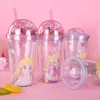 Su Şişesi Kupa Yenilebilir Çift Katmanlı Plastik Mug Unicorn Pul-Payet Kapak Ve Saman LJJA3844 ile Kupa INS Yaratıcı Karikatür Suyu Kahve Kupası yıldızlar