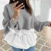 Inverno Ruffled Tricotado Jumper Sweater Patchwork Solto Camisa Casual Camisola Mulheres Femininas Manga Longa Blusas Pulôver