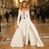 White Jumpsuits Evening Dresses with Jacket 2020 Arabic Long Sleeves Satin Prom Gowns Sexy Formal Party Bridesmaid Pageant Wear