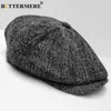 BUTTERMERE Men's Herringbone Flat Cap Wool Newsboy Hats Male Dark Grey Winter Classic Octagonal Cap Vintage British Painter Hat Y200110