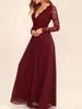 2020 Новые кружевные Burgundy Bridesmaid платья шифон юбка иллюзия лиф с длинными рукавами A-Line Junior Custry BrideMaids платья дешевые 4663