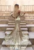 2022 Sparkly Gold Sequined Prom Dresses Side Split Mermaid Off Shoulder Long Sleeves Plus Size Sweep Train Formal Evening Gowns Pageant Wear