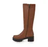 Hot Sale-Plus Storlek 33 till 42 43 Mode Chunky Heel Lace Up Side Zip Knee High Knight Boots 5cm Brown Black Beige