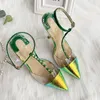 Envío gratis diseñador de moda bombas tacones puntiagudos amarillo verde serpiente pitón T correa con espiga correa de tobillo mujer dama mujer verano