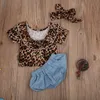 4PCs nya mode baby tjejer kläder set 2020 Sommar Backless Leopard T-shirt Toppar + Denim Shorts Bloomers Headband Bebek Giyim