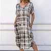 QNPQYX Kobiety Lato Casual Sukienka Krótki Rękaw Tie-Dye Drukuj Średniej Długa Dress V-Neck Side Splited Kieszenie Suknia Duży Rozmiar Vestidos Dropshipping