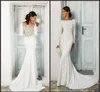 New Elegant Satin Mermaid Wedding Dresses Bateau Neck Lace Appliqued Back Long Sleeve Bridal Gowns Custom Made Beach Wedding Dress Plus Size